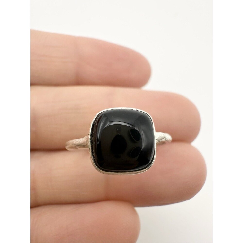 Natural Black Onyx Cushion Shape 925 Sterling Silver Ring Size 3